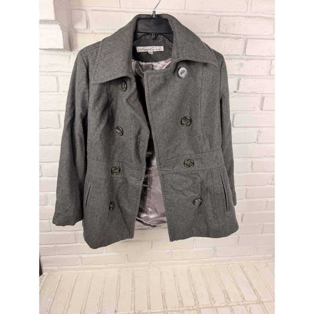Y2K Kenneth Cole New York Womens 10 Gray Wool Peacoat Double Breasted Jacket